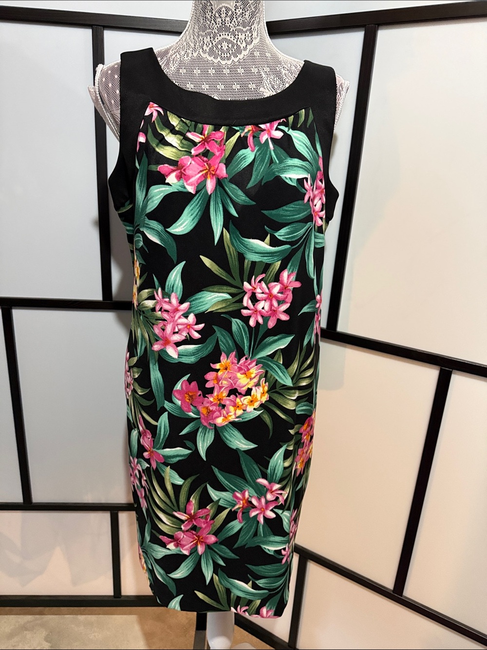 AB Studio Black Midi Dress with Pink Floral Print